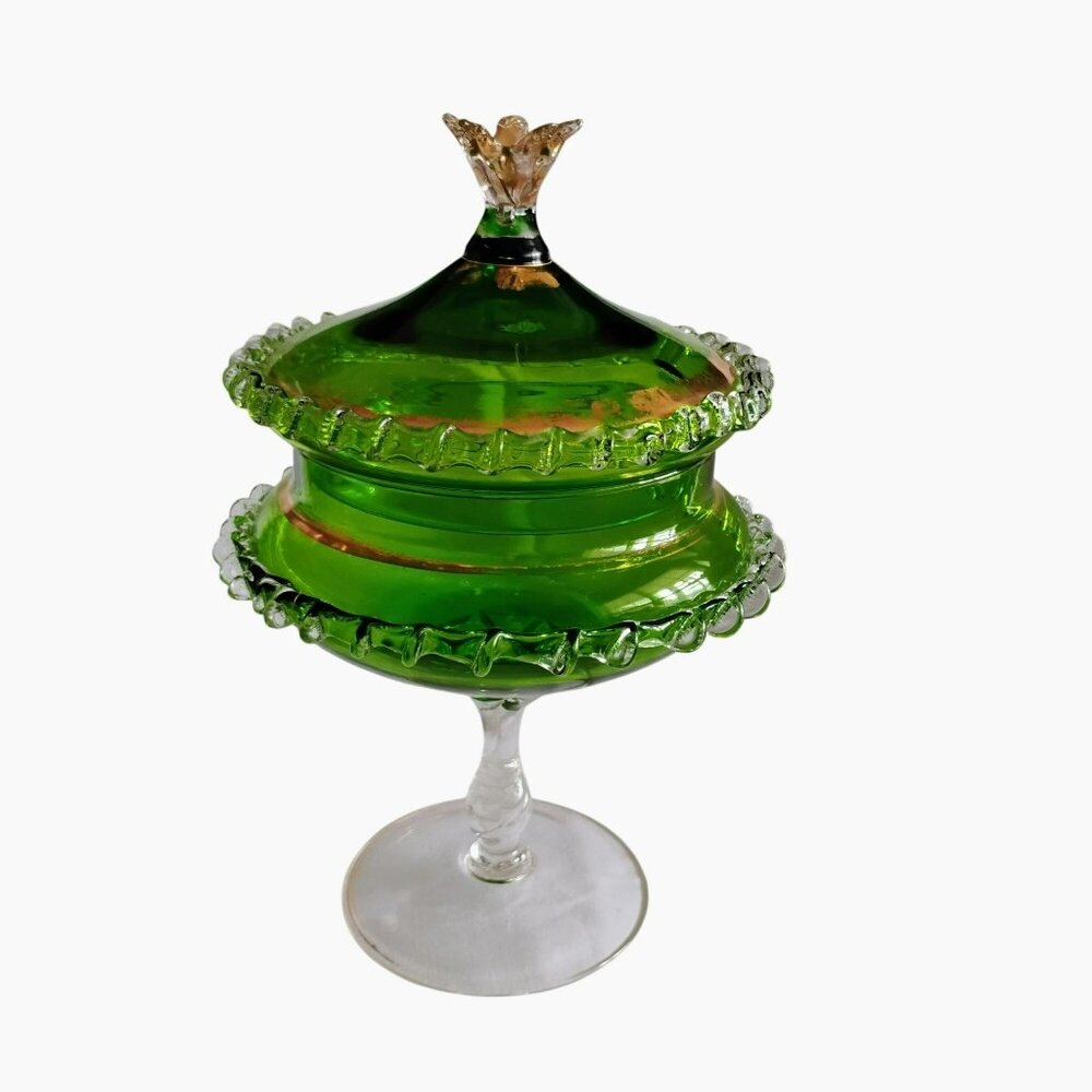 MCM Empoli Green Glass Compote Lidded Candy Dish Rigaree Edge Gilt Gold Romantic - Picture 2 of 13